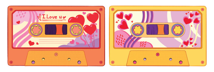 Retro cassette tape design with romantic decorations and hearts. love song and mixtape concept. 90s nostalgia
