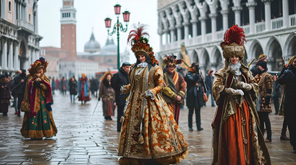 people in carnival costumes and masks in St. Mark's Square at the Venice Carnival