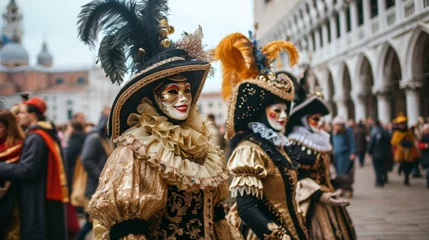 Gordijnen people in carnival costumes and masks in St. Mark's Square at the Venice Carnival © katerinka