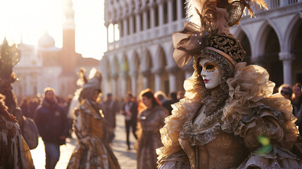Fototapeta na wymiar people in carnival costumes and masks in St. Mark's Square at the Venice Carnival