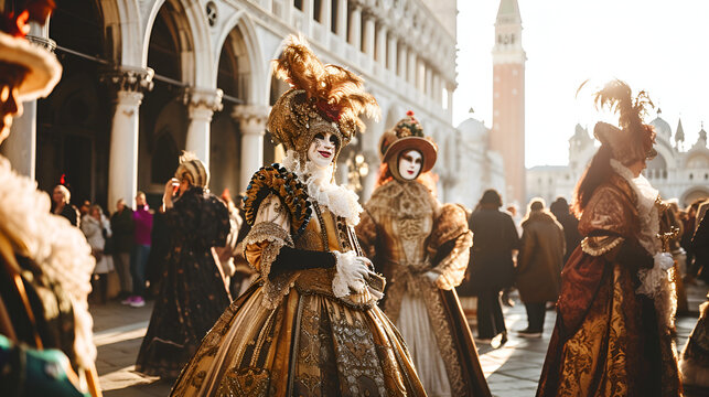 people in carnival costumes and masks in St. Mark's Square at the Venice Carnival
