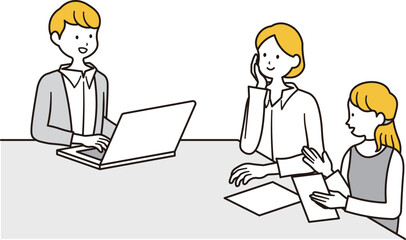 打ち合わせをする2人の女性会社員と男性会社員のイラスト素材