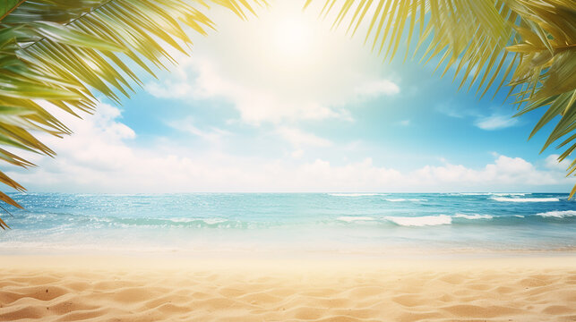 summer background with frame nature of tropical golden sand beach close-up, sea water, blue sky.