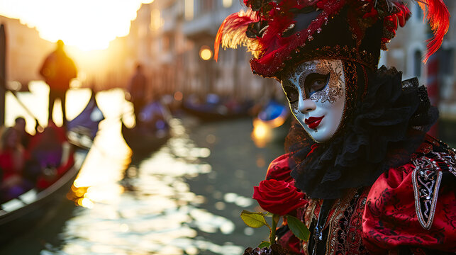  Venice carnival banner with place for text, a man in a carnival costume and mask against the background of a river and gandolas at the Venice carnival