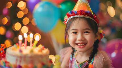  close up portrait of asian girl celebrating birthday with bokeh cake on background