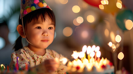 Fototapeta na wymiar close up portrait of asian girl celebrating birthday with bokeh cake on background