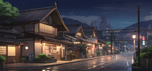 a beautiful japanese village city town in the night evening. railway station with shop. anime comics artstyle. cozyarchitecture. generated by AI