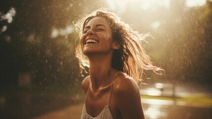 Photorealistic Adult White Woman with Brown Straight Hair Illustration. Happy smiling person dancing in the rain. Summer day Ai Generated Horizontal Illustration.