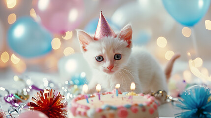  birthday card white cat in a cap with a cake on a background of balloons and bokeh