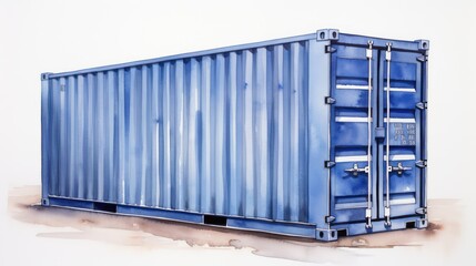 A blue shipping container, white background, in a watercolor style, white background.
