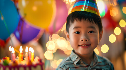 Fototapeta na wymiar Closeup portrait of a cute Asian boy celebrating his birthday surrounded by balloons