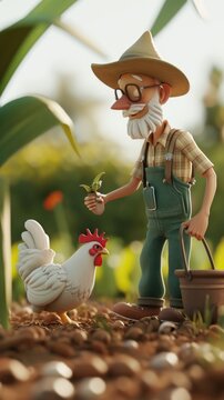 Cartoon digital avatars of an experienced chicken organic farmer, sharing their knowledge with the younger generation as they work on the farm.