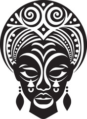 Spiritual Sway Ethnic Woman Glyph in Black Majestic Maven Tribal Woman Face Emblem in Black