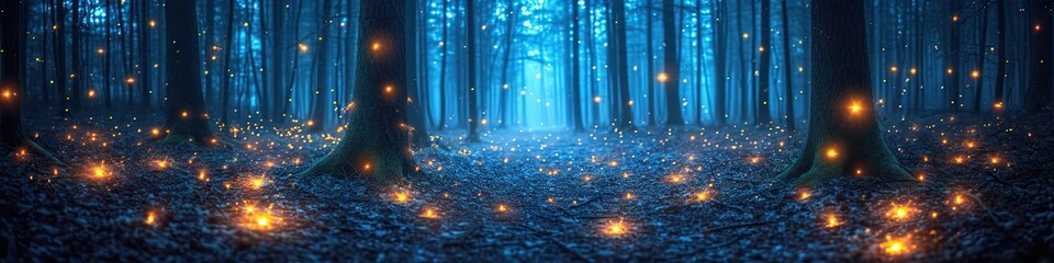 Mystical Firefly Forest at Twilight Panoramic View