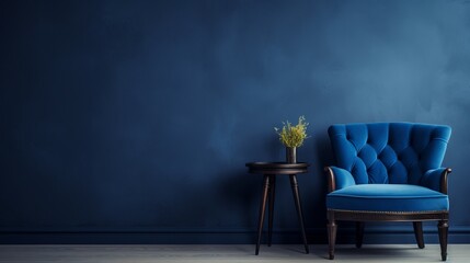 Elegant royal blue chair and table ensemble against a stylish charcoal wall with blank white frame...