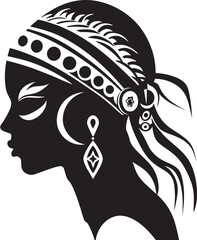 Sacred Symmetry Tribal Woman Glyph Emblem in Black Serenity Silhouette Ethnic Woman Face Logo Design