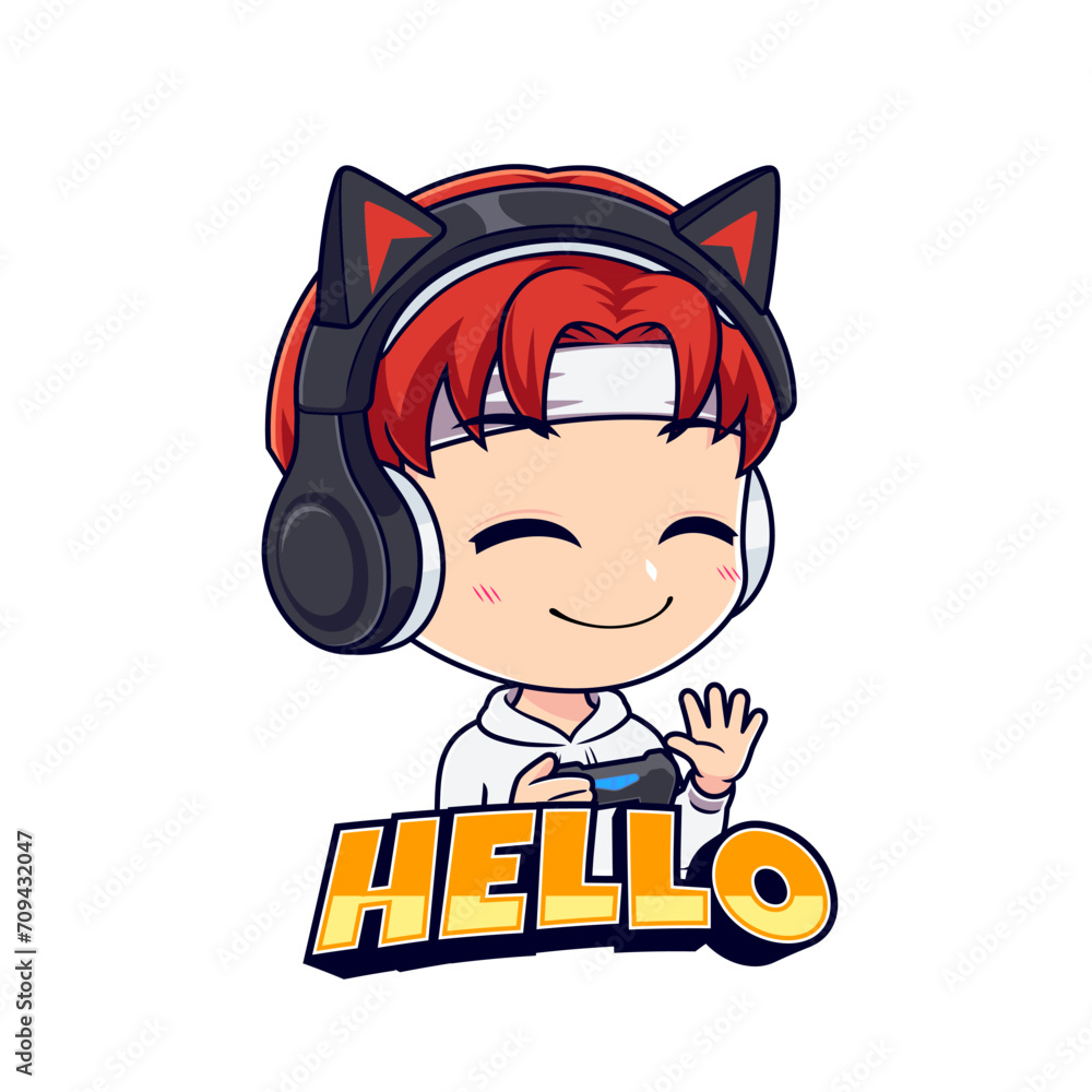 Poster Anime gamer boy say hello esport mascot logo vector