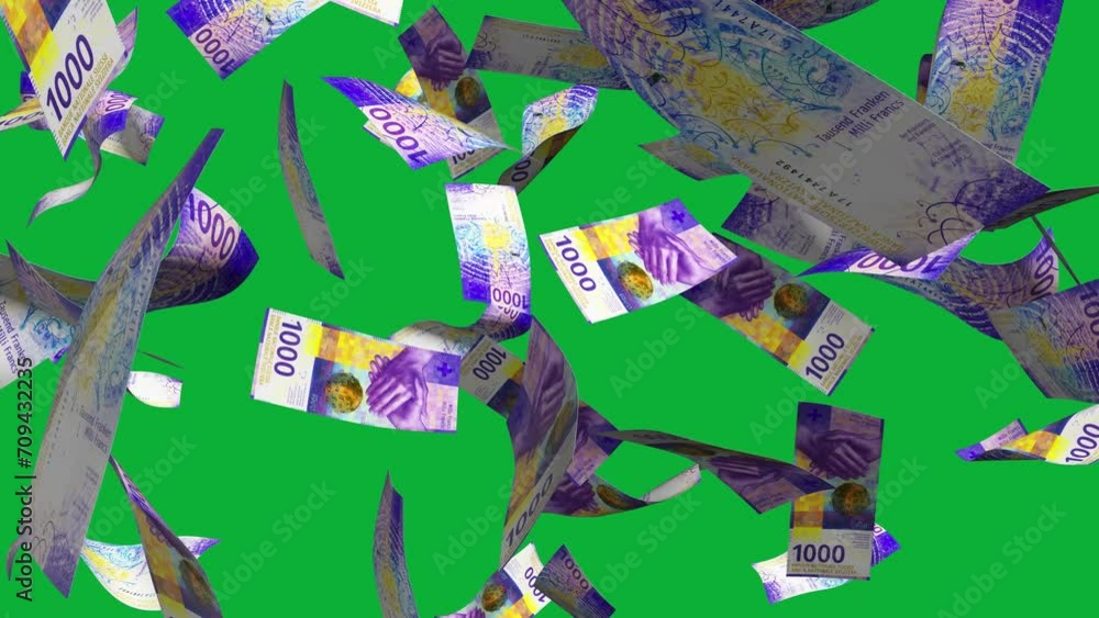 Poster 3d animation of swiss franc notes falling on green screen. remove the background by keying or subtra