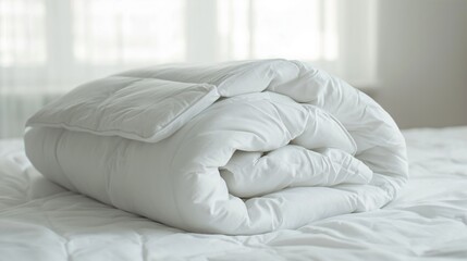 Fototapeta na wymiar White folded duvet lying on white bed background.