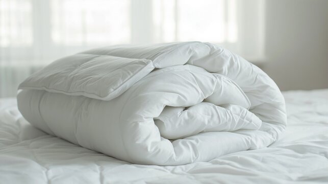 White folded duvet lying on white bed background.