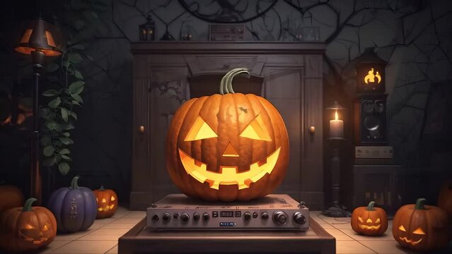 "Immerse in a haunted house setting with eerie pumpkins and flickering fire. Ideal for Vtubers' music visualizer; this lo-fi Halloween design sets a spooky ambiance.". lofi
