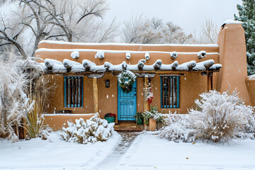 Traditional Santa Fe-style adobe house with a turquoise door and red ristra, blanketed in fresh snow under a gray winter sky