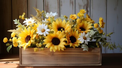 A composition of sunflowers and daisies in a rustic wooden crate vase, bringing a touch of the countryside indoors.