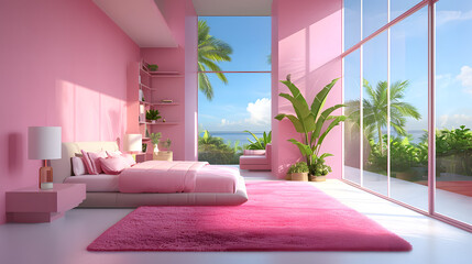 3d render of modern bedroom interior with pink sofa and pillows