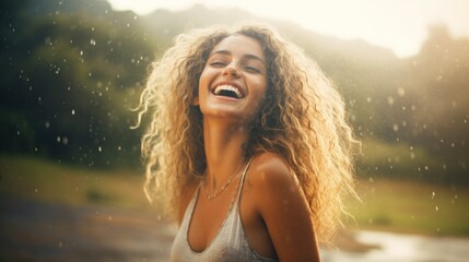 Photorealistic Teen Indian Woman with Blond Curly Hair Illustration. Happy smiling person dancing in the rain. Summer day Ai Generated Horizontal Illustration.