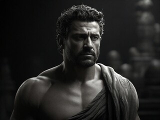 stoic man with deep and strong gaze black and white image