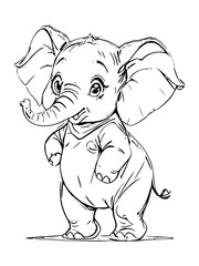 Cute Elephant Cartoon Outline Black and White Coloring Book Vector Illustration
