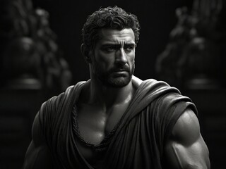 stoic man with deep and strong gaze black and white image