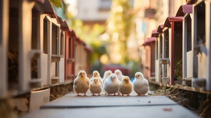 A bustling urban courtyard filled with multiple small chicken coops, each tended to by a different family, all part of a growing trend towards sustainable backyard egg production in the city. - obrazy, fototapety, plakaty
