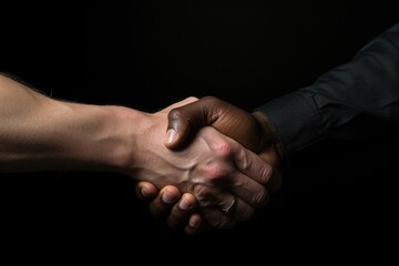 A strong handshake between a European and a black man. - obrazy, fototapety, plakaty