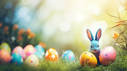 Abstract Defocused Easter Scene - Bunny Ears Behind Grass And Decorated Eggs, copy space - generative ai