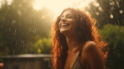 Photorealistic Teen Persian Woman with Red Straight Hair Illustration. Happy smiling person dancing in the rain. Summer day Ai Generated Horizontal Illustration. - obrazy, fototapety, plakaty