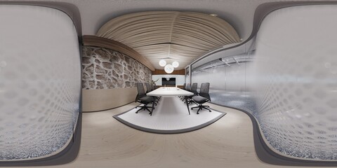 3d illustration spherical 360 vr degrees, a seamless panorama of the room and office interior design (3D rendering)