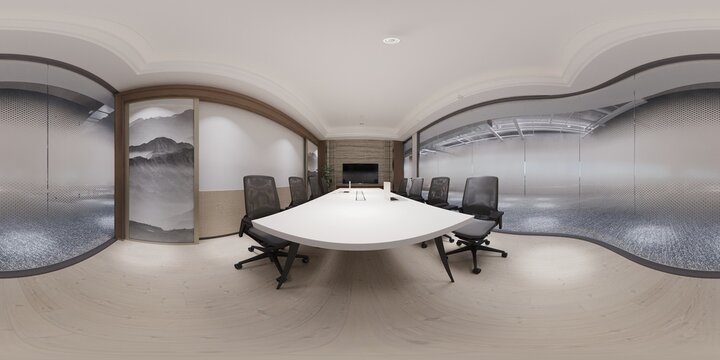 3d illustration spherical 360 vr degrees, a seamless panorama of the room and office interior design (3D rendering)