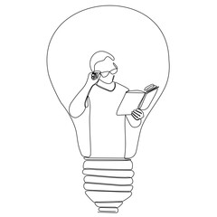 continuous line little boy reading book in lamp symbol of intelligence