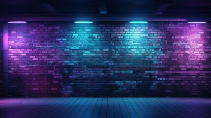 Urban vibes: studio space with brick wall texture, blue & purple background, neon lights, laser beams, and intriguing shadows for creative projects