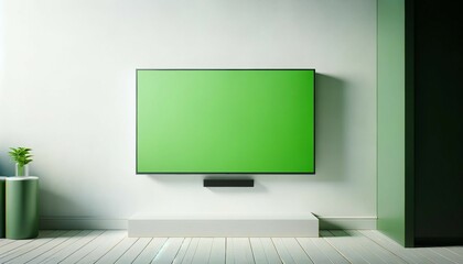 TV on wall in modern living room with green screen. 3D rendering. mock up