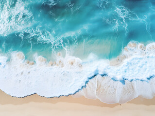 Fototapeta premium Aerial view of beautiful sandy beach with turquoise ocean waves