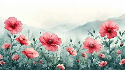 Red poppies watercolor painting with misty mountain background, ideal for serene wall art and decor. AI Generative