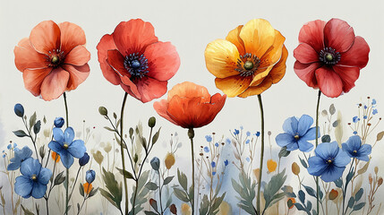 Bold watercolor poppies and delicate blue florals, perfect for vibrant wall art and creative projects. AI Generative