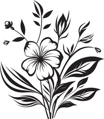 Floral Tapestry Monochromatic Emblem of Botanical Elements Petals in Noir Sleek Black Icon, Vector Floral Design