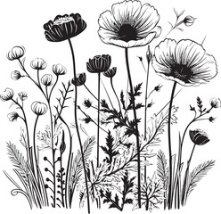 Garden Serenity Chic Vector Logo, Black Botanical Florals Enigmatic Bouquet Black Emblem, Botanical Floral Elegance