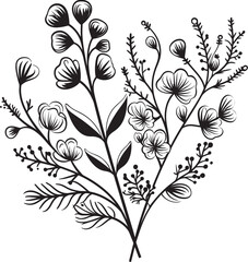 Floral Tapestry Monochromatic Emblem of Botanical Elements Petals in Noir Sleek Black Icon, Vector Floral Design