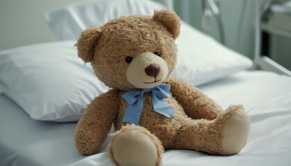 Banner with a teddy bear toy on a patient's bed in a hospital. Children's Medical Center. Healthcare and childhood concept
