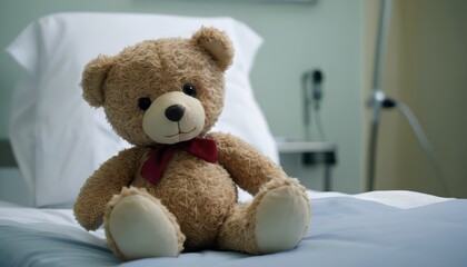 Banner with a teddy bear toy on a patient's bed in a hospital. Children's Medical Center. Healthcare and childhood concept - obrazy, fototapety, plakaty