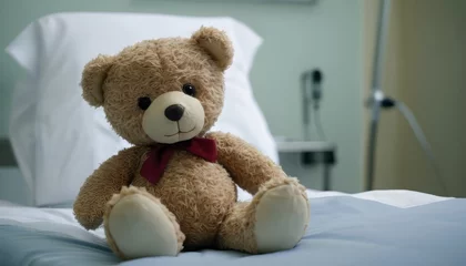 Fotobehang Banner with a teddy bear toy on a patient's bed in a hospital. Children's Medical Center. Healthcare and childhood concept © Pink Zebra